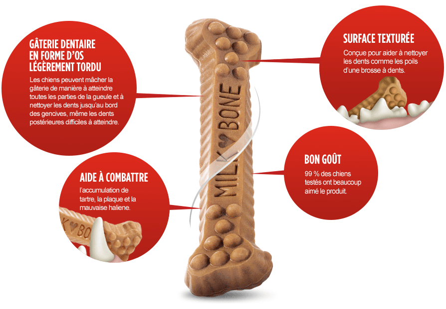 GÁTERIE DENTAIRE EN FORME D'OS LEGEREMENT TORDU.  Les chiens peuvent michel la génie de maniere à peindre toutes les parties de la gueule età nettoyer les dents jusqu'au bord des gencives, méme les dents posterieures difficiles à atteindre.  AIDE À COMBATTRE l'accumulation de tartre, la plaque et la mauvaise halene.  SURFACE TEXTURÉE.  Conçue pour aider à nettoyer les dents comme les poils d'une brosse a dents.  BON GOÛT.  99 % des chiens testés ont beaucoup aime le produit.